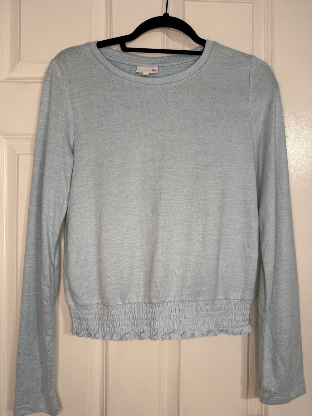 SO Powder Blue Smocked-Hem Long Sleeve Top